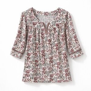 Indigo Soul Boho Floral Peasant Boho Top Embroidered Trim Tunic Cream Maroon S